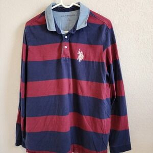 US Polo Assn Mens Rugby Shirt Long Sleeve Striped Navy Burgundy Academia Indie L